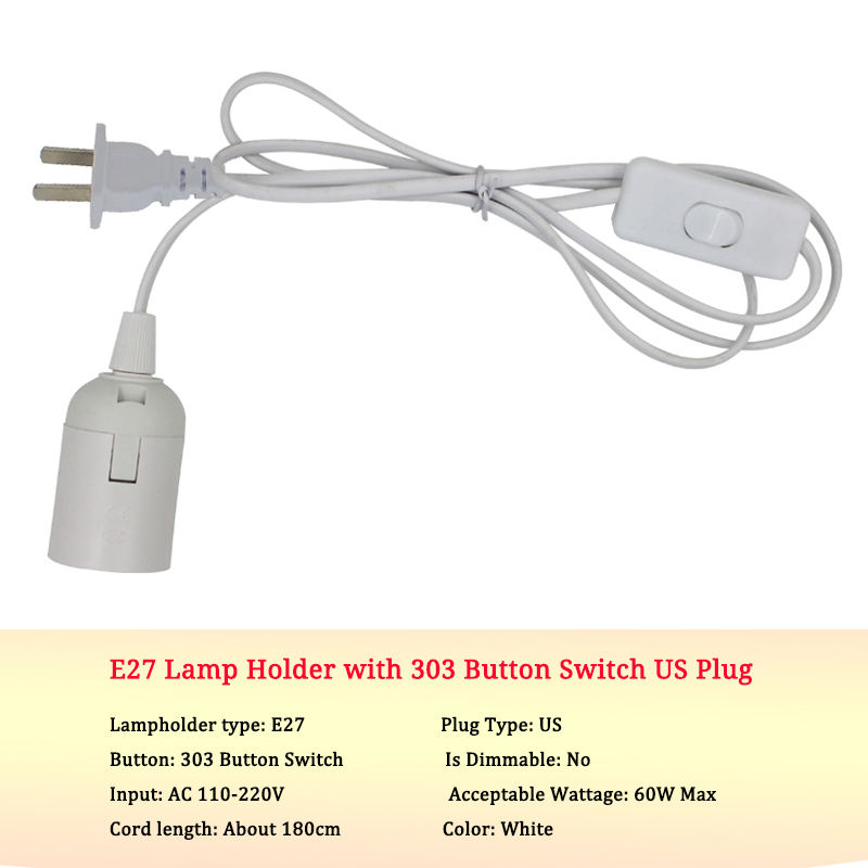 National standard 0.75mm wire 303 switch + E27 bare lamp head Plug Power Button Switch Line Cable LED Lamp EU US Plug Model