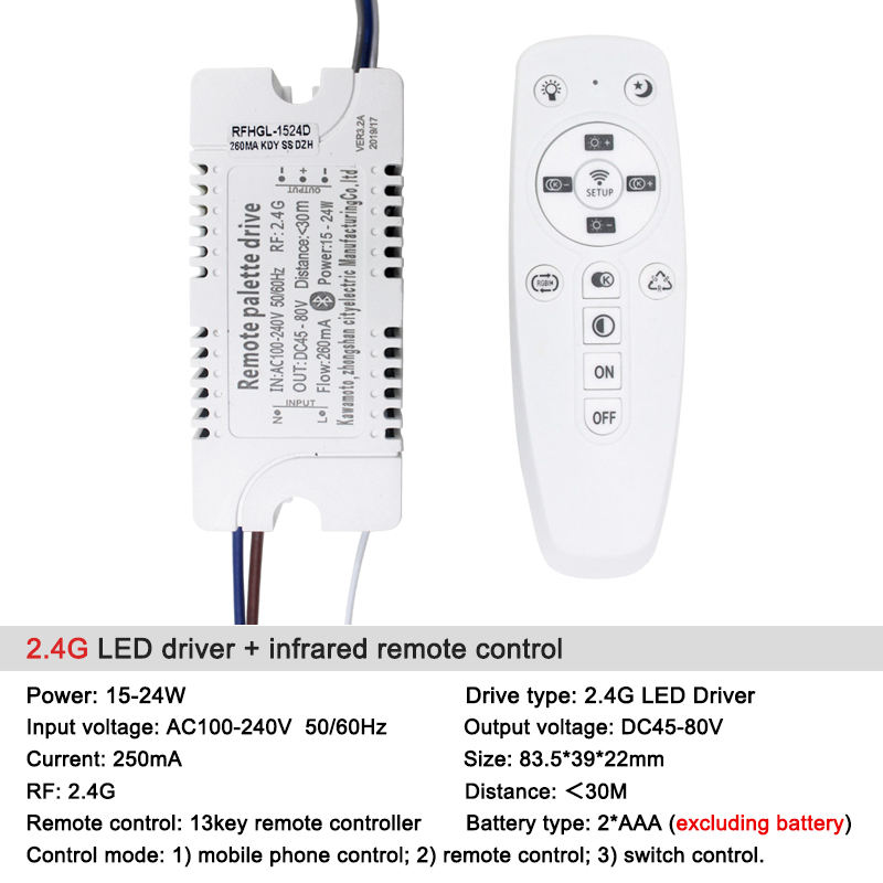 2.4G WIFI Safety Plastic Driver 15-24W Bluetooth Connection Lighting Power Transformer AC100-240VLED Ceiling Light Fixture