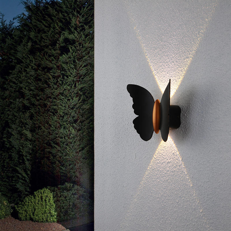 6W Butterfly Shape Wall Light Black+Gold Up And Down Luminous Outdoor Light Courtyard Garden Living Room Aisle Staircase Background Waterproof Led Wall Lamp