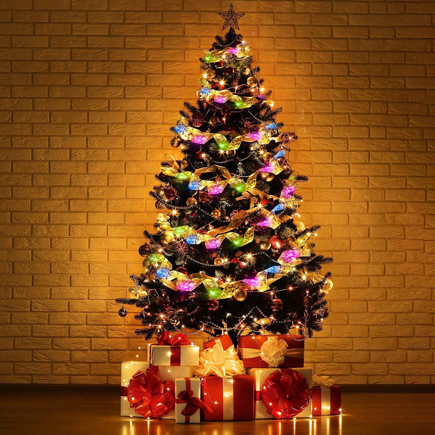 LED Ribbon Lights Christmas Tree Ornaments Fairy String Lights DIY Lace Bow for Navidad Home New Year Christmas Decoration Lamp