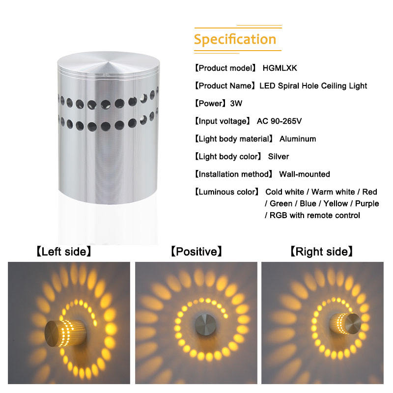 Wall Mounted Spiral Hole 3W RGB with Controller Led Wall Light Indoor for Hotel Room Decorative Wall Lamp