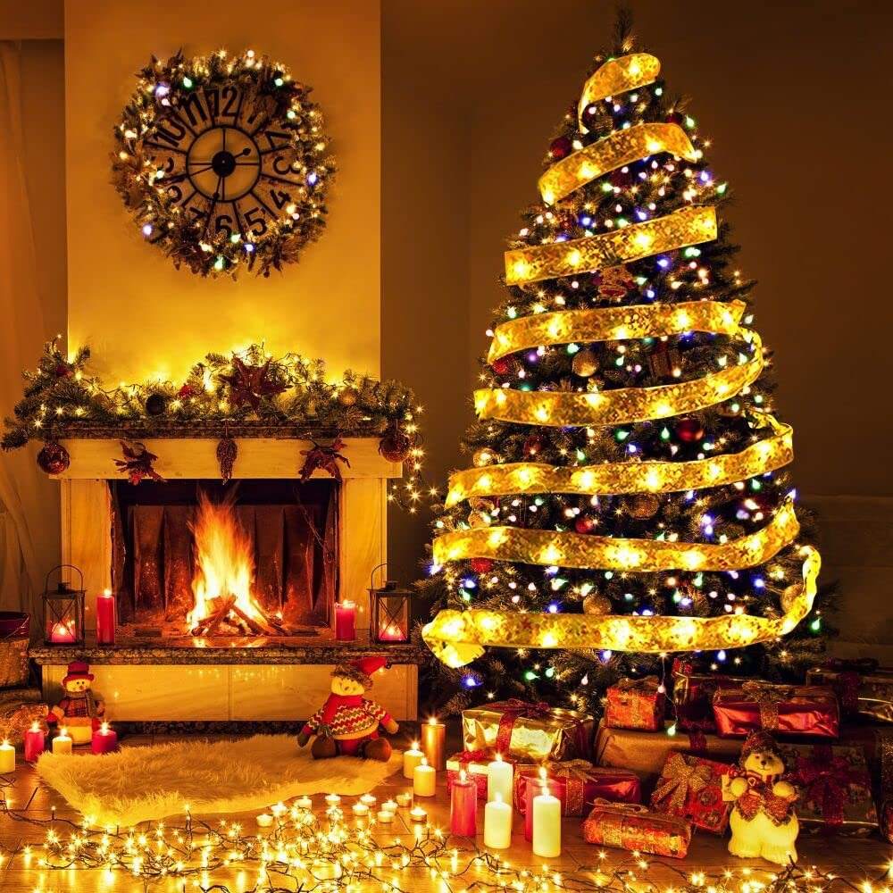 LED Ribbon Lights Christmas Tree Ornaments Fairy String Lights DIY Lace Bow for Navidad Home New Year Christmas Decoration Lamp